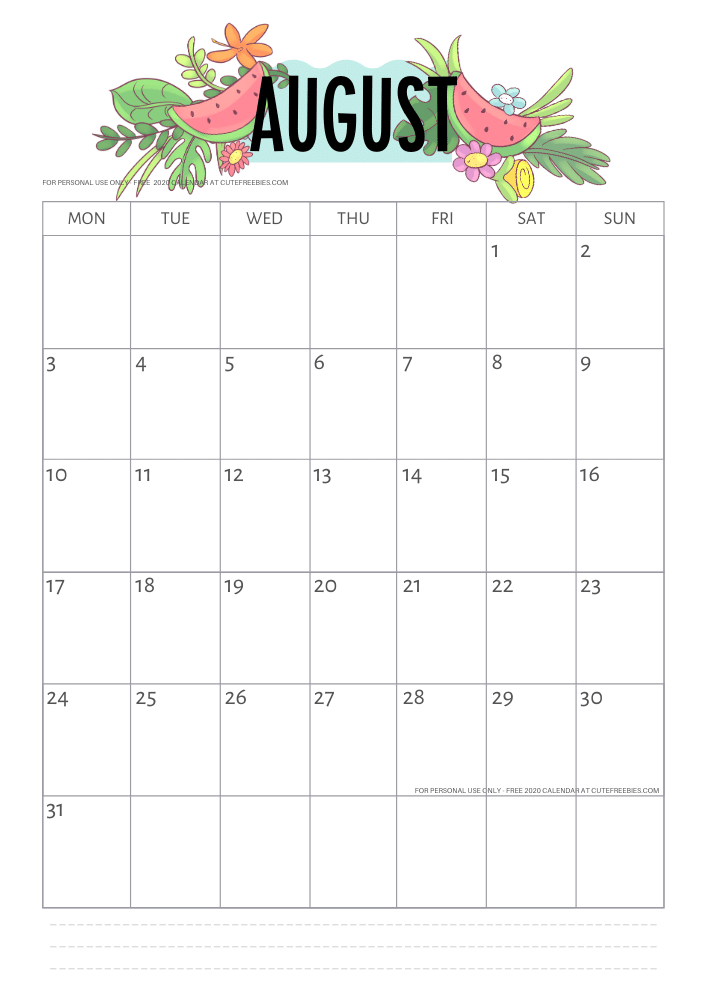 Free Printable August 2020 Watermelon Calendar - SEE PREVIOUS POST TO DOWNLOAD THE PDF FILE