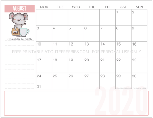 August 2020 Calendar - Year of the Rat monthly calendar - Cute 2020 coffee mouse calendar - free pdf download now! #freeprintable #cutefreebiesforyou #yearoftherat #mouse #coffeelover