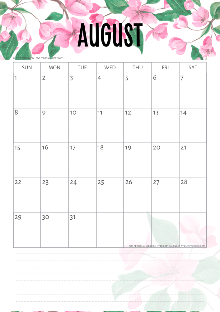 August 2021 free printable calendar with pink cherry blossoms #cutefreebiesforyou - SEE PREVIOUS POST TO DOWNLOAD THE FREE PDF FILE