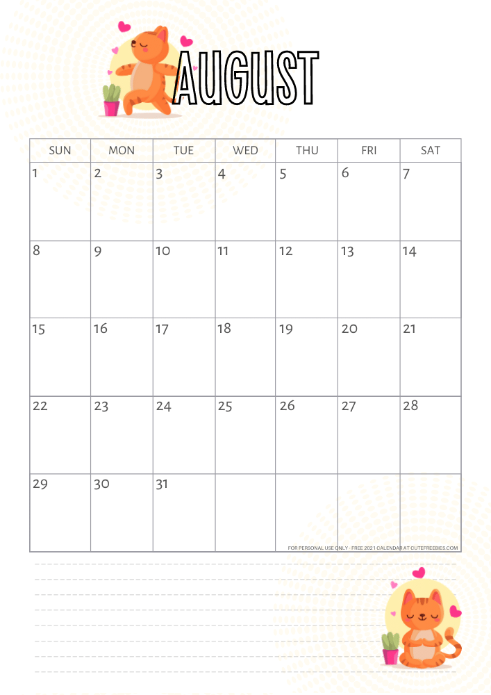 August 2021 calendar yoga cat free printable #cutefreebiesforyou - SEE PREVIOUS POST TO DOWNLOAD THE FREE PDF FILE