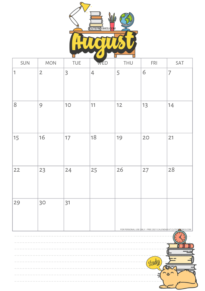 August 2021 school calendar template, free printable monthly planner #cutefreebiesforyou - SEE PREVIOUS POST TO DOWNLOAD THE FREE PDF