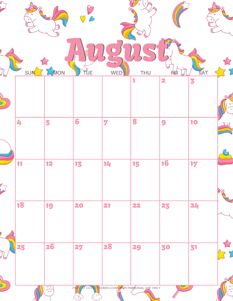 August 2024 calendar with unicorns #unicorn #freeprintable #cutefreebiesforyou