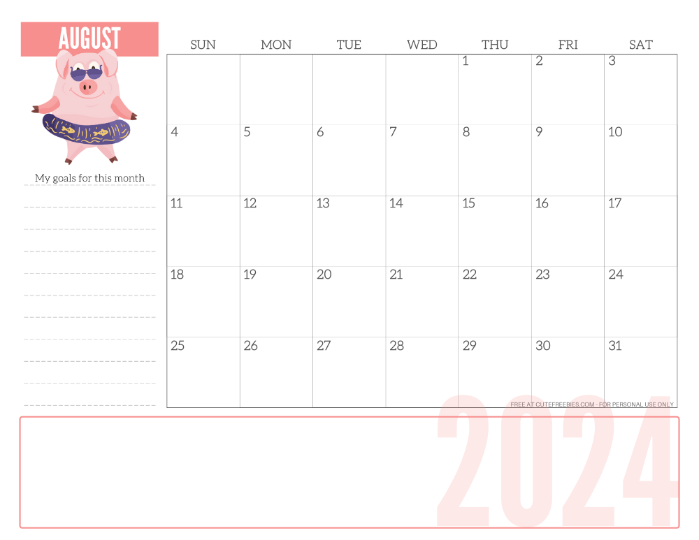 AUGUST 2024 CUTE monthly planner - free printable 2024 monthly calendar pink pig #printablesandinspirations #freeprintable SEE PREVIOUS POST TO DOWNLOAD THE COMPLETE 2024 CALENDAR
