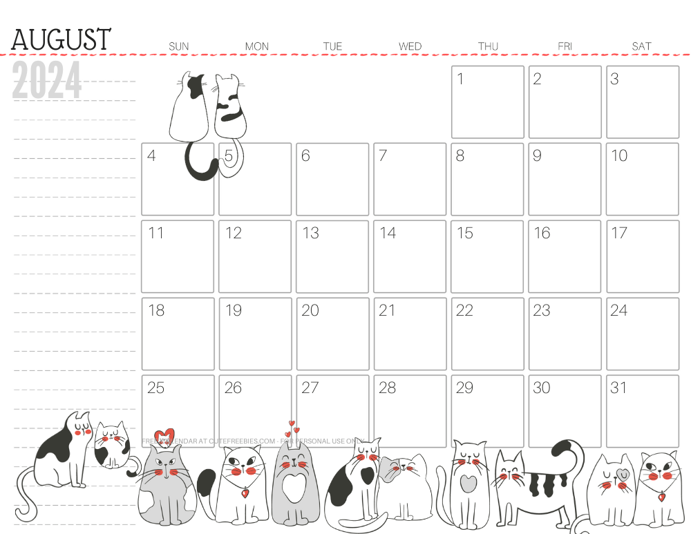 August 2024 monthly planner cat free printable #cutefreebiesforyou - SEE PREVIOUS POST TO DOWNLOAD THE COMPLETE 2024 CALENDAR