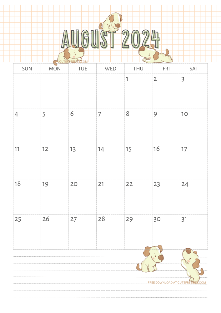 August 2024 calendar for kids cute dogs free printable #cutefreebiesforyou SEE PREVIOUS POST TO DOWNLOAD THE COMPLETE 2024 CALENDAR