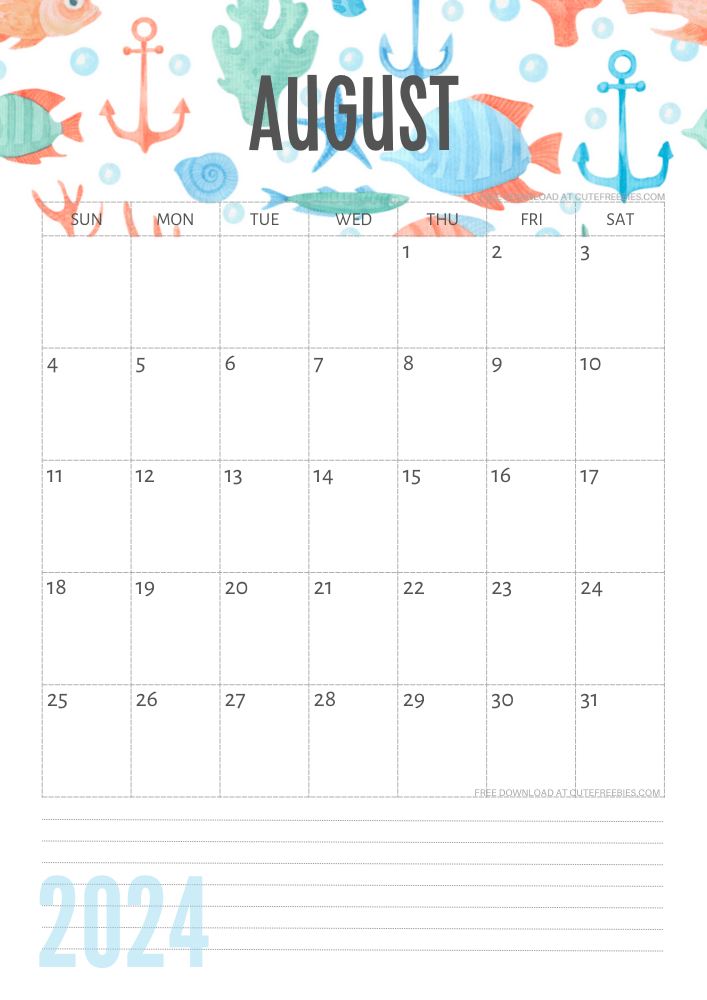 August 2024 Under the Sea themed calendar free printable - SEE PREVIOUS POST TO DOWNLOAD THE COMPLETE 2024 CALENDAR