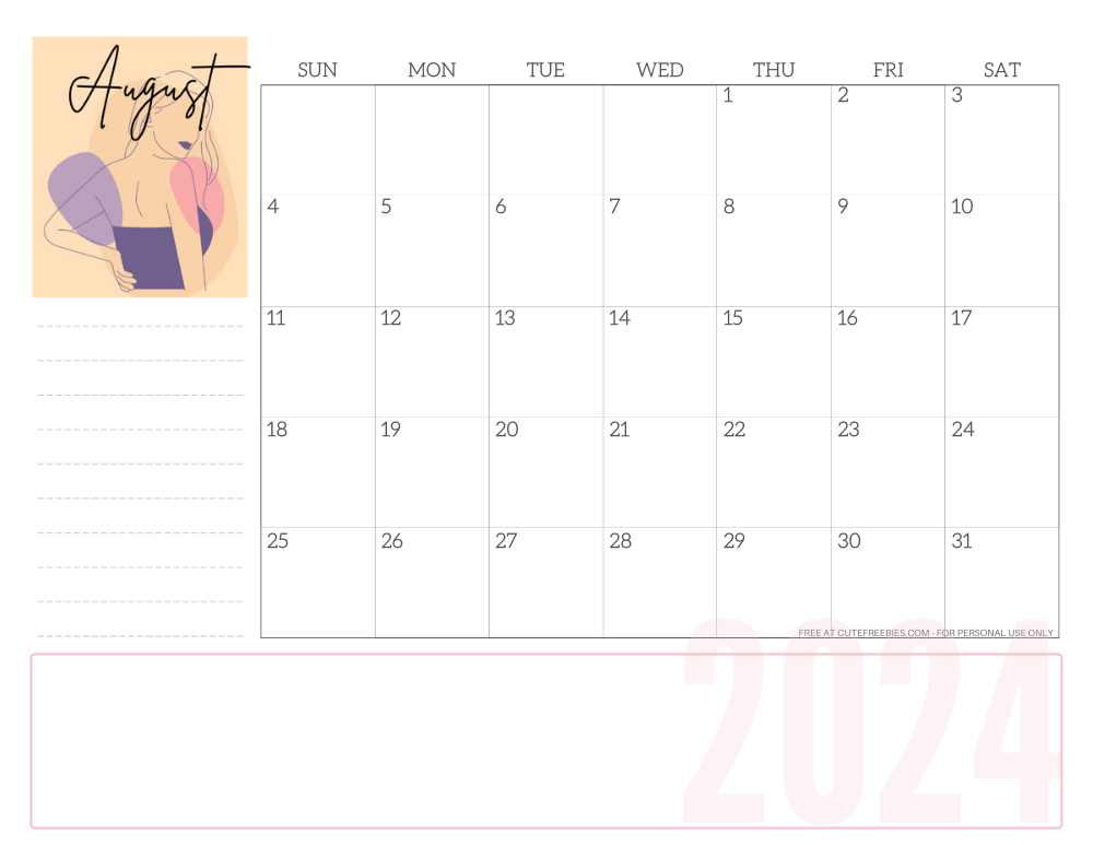 AUGUST 2024 line art calendar for women - free printable monthly planner - CLICK PREVIOUS POST TO DOWNLOAD THE COMPLETE 2024 CALENDAR