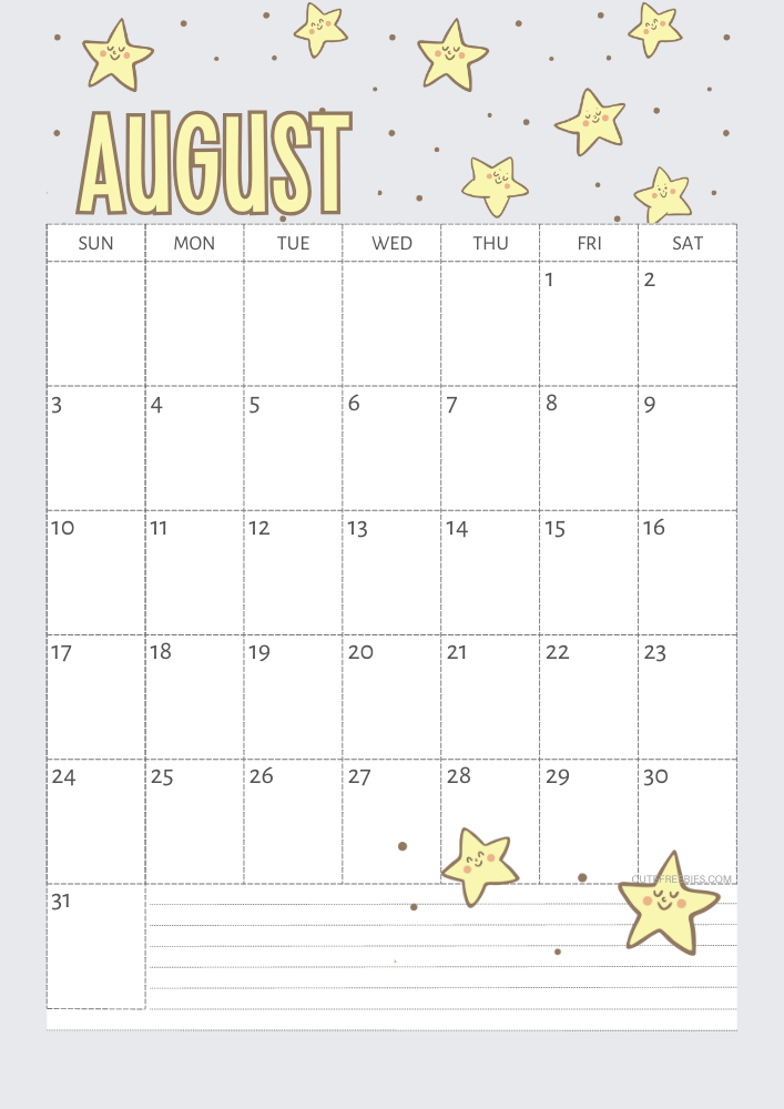 August 2025 Yellow stars calendar free printable - SEE PREVIOUS POST TO DOWNLOAD THE COMPLETE 2025 CALENDAR