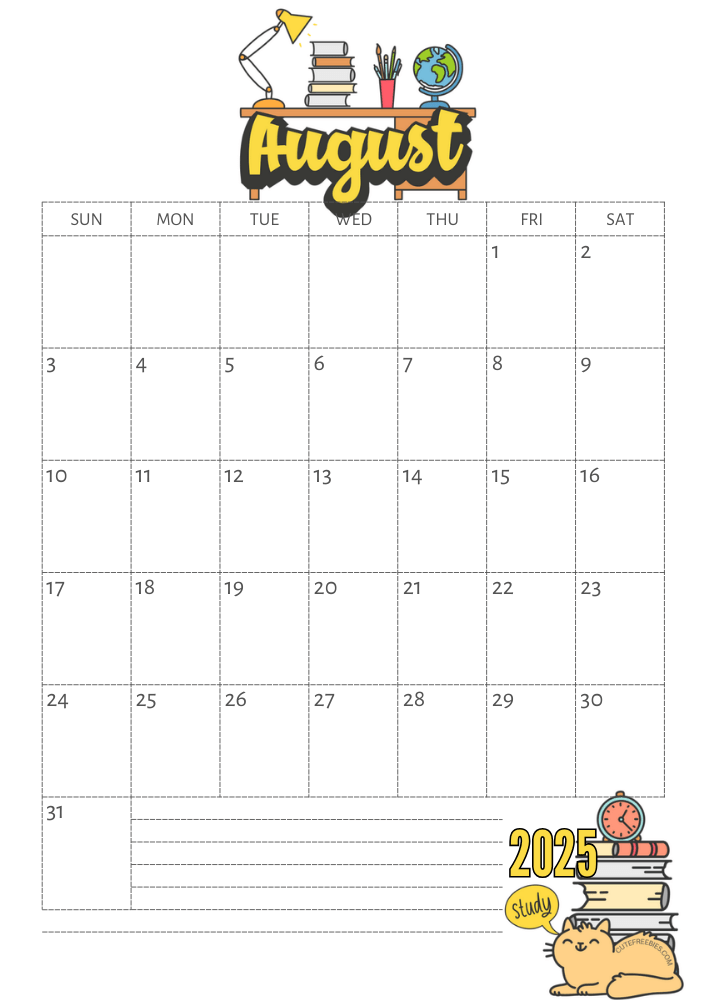 August 2025 calendar, free printable school calendar for 2025 - SEE PREVIOUS POST TO GET THE COMPLETE 2025 MONTHLY CALENDAR PDF