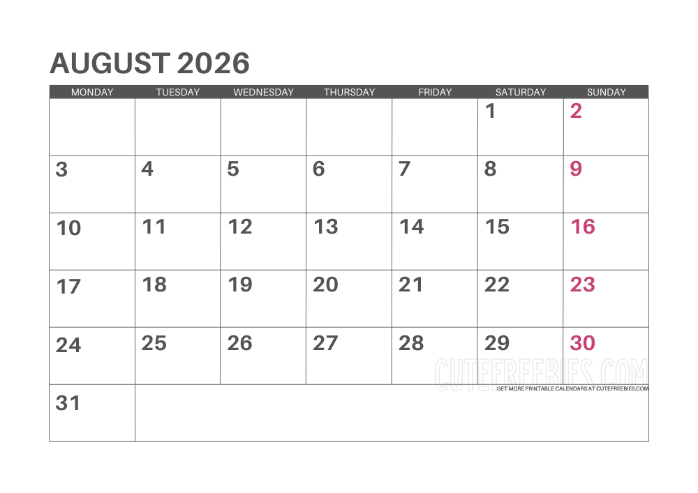 August 2026 Monday calendar free printable monthly planner #cutefreebiesforyou - SEE PREVIOUS POST TO DOWNLOAD THE COMPLETE 2026 CALENDAR PLANNER