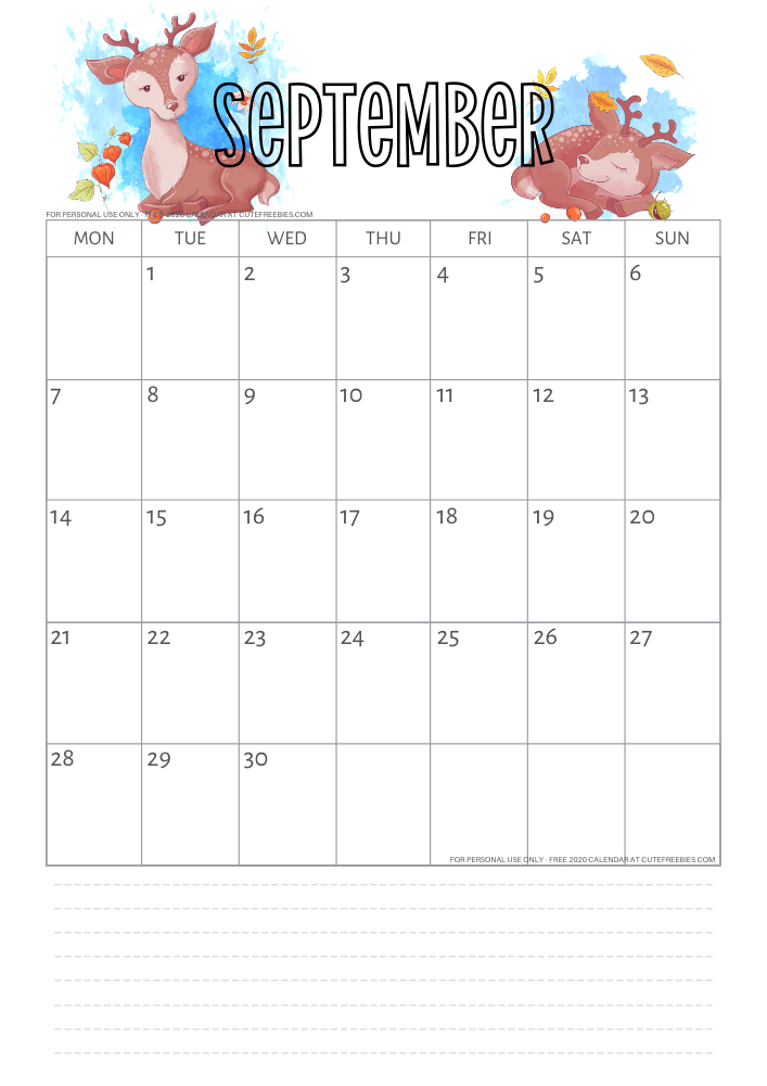 Free printable September 2020 calendar with deer, autumn calendar #cutefreebies
