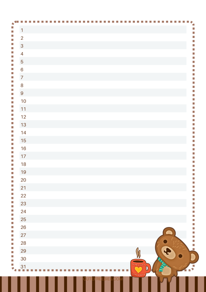 Free printable cute bullet journal - monthly planner template PDF with cute coffee and bear theme #cutefreebiesforyou #printableplanner #freeprintable #bulletjournal