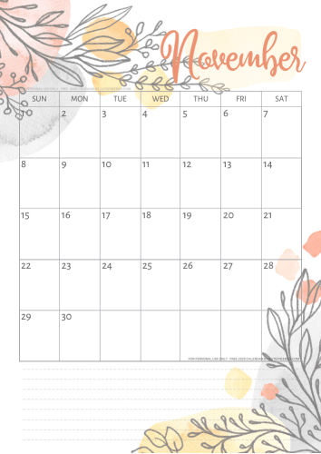 Free printable November 2020 calendar autumn floral calendar #cutefreebies #freeprintable