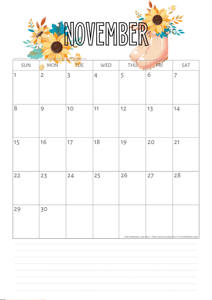 Free printable November 2020 calendar autumn floral calendar #cutefreebies #freeprintable