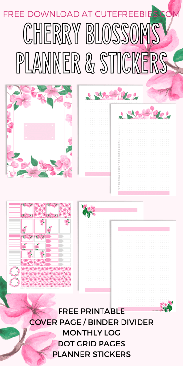 Free Printable Cherry Blossoms Planner Pages And Planner Stickers - Sakura downloadable printable PDF, printable stickers, bullet journal printables #freeprintable #cutefreebiesforyou #bulletjournal #plannerstickers #planneraddict