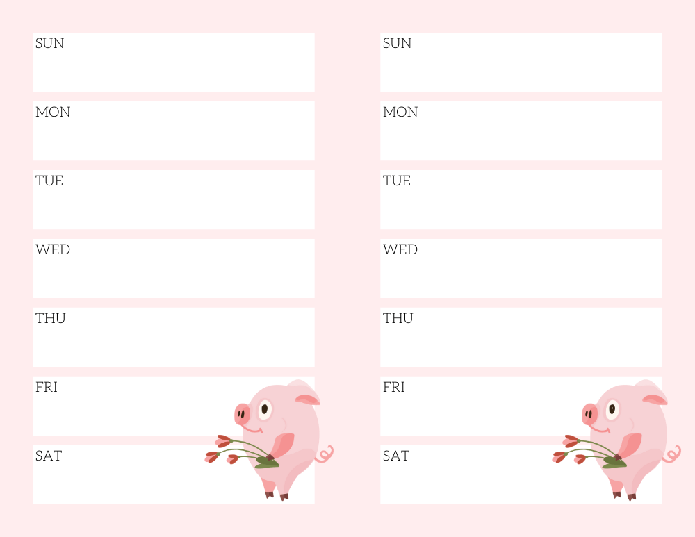 Cute weekly planner free printable - half size weekly planner template with pink pigs #cutefreebiesforyou
