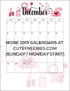 December 2019 Calendar Printable Planner - Free Printable #cutefreebiesforyou #makeuplover #freeprintable