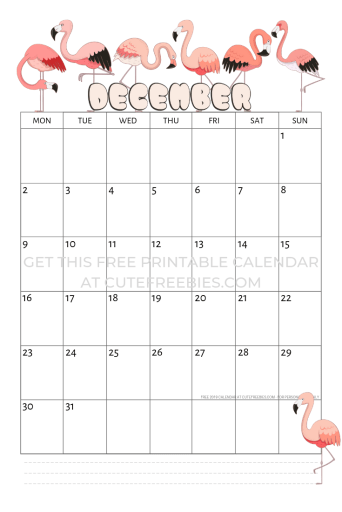 December 2019 calendar with flamingo free printable #flamingo #pink #pinkflamingo #cutefreebiesforyou 