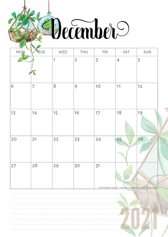 Free printable December 2021 calendar with plants - CLICK PREVIOUS POST to download the PDF