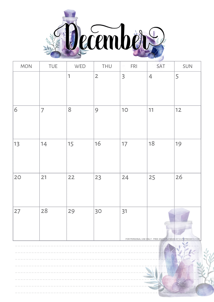 December 2021 calendar - free printable monthly calendar with purple crystals(SEE PREVIOUS POST DO DOWNLOAD THE PDF)