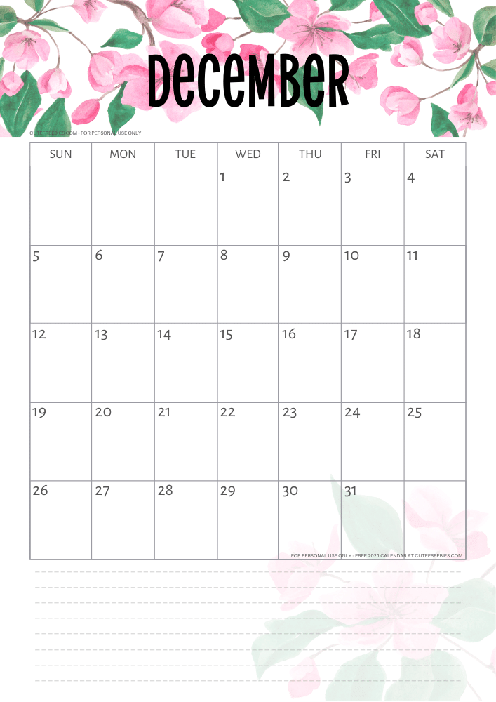 December 2021 free printable calendar with pink cherry blossoms #cutefreebiesforyou - SEE PREVIOUS POST TO DOWNLOAD THE FREE PDF FILE
