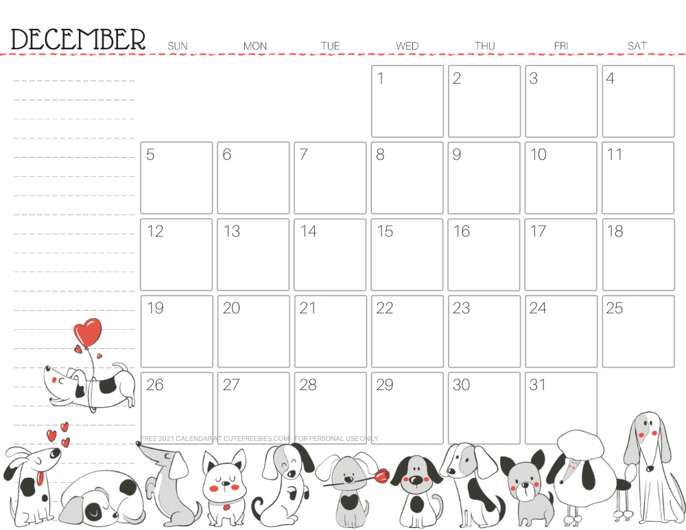 December 2021 calendar cute dog free printable #cutefreebiesforyou SEE PREVIOUS POST TO DOWNLOAD THE FREE PDF FILE