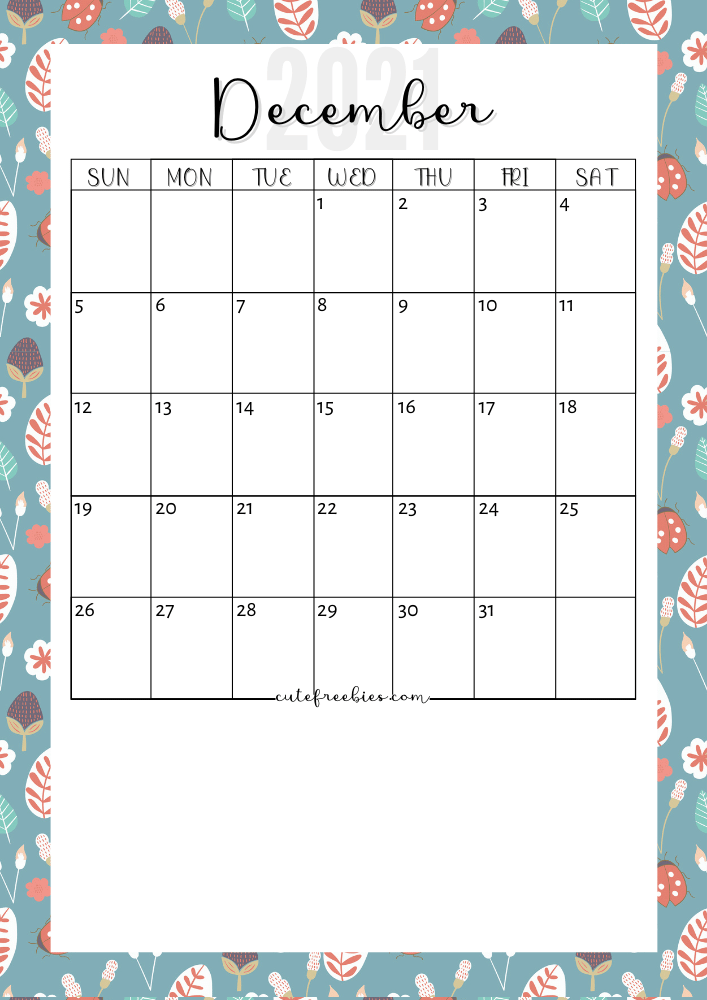 December 2021 Floral Calendar #cutefreebiesforyou #freeprintable #budgetplanner SEE PREVIOUS POST TO GET THE COMPLETE 2021 CALENDAR