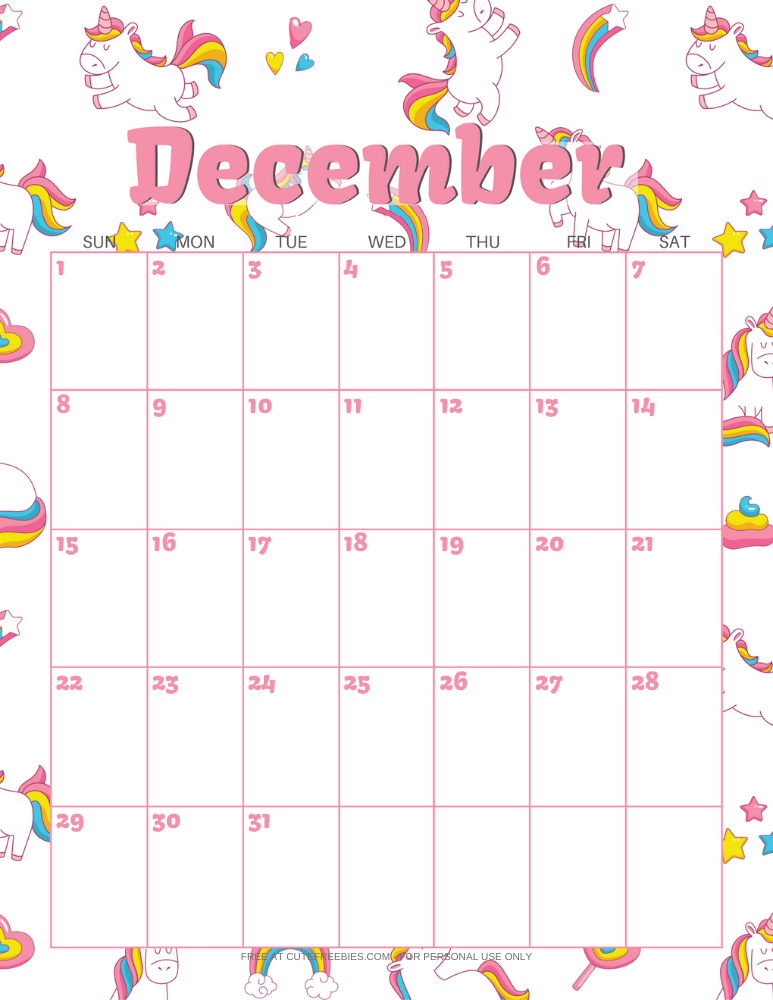 December 2024 calendar with unicorns #unicorn #freeprintable #cutefreebiesforyou