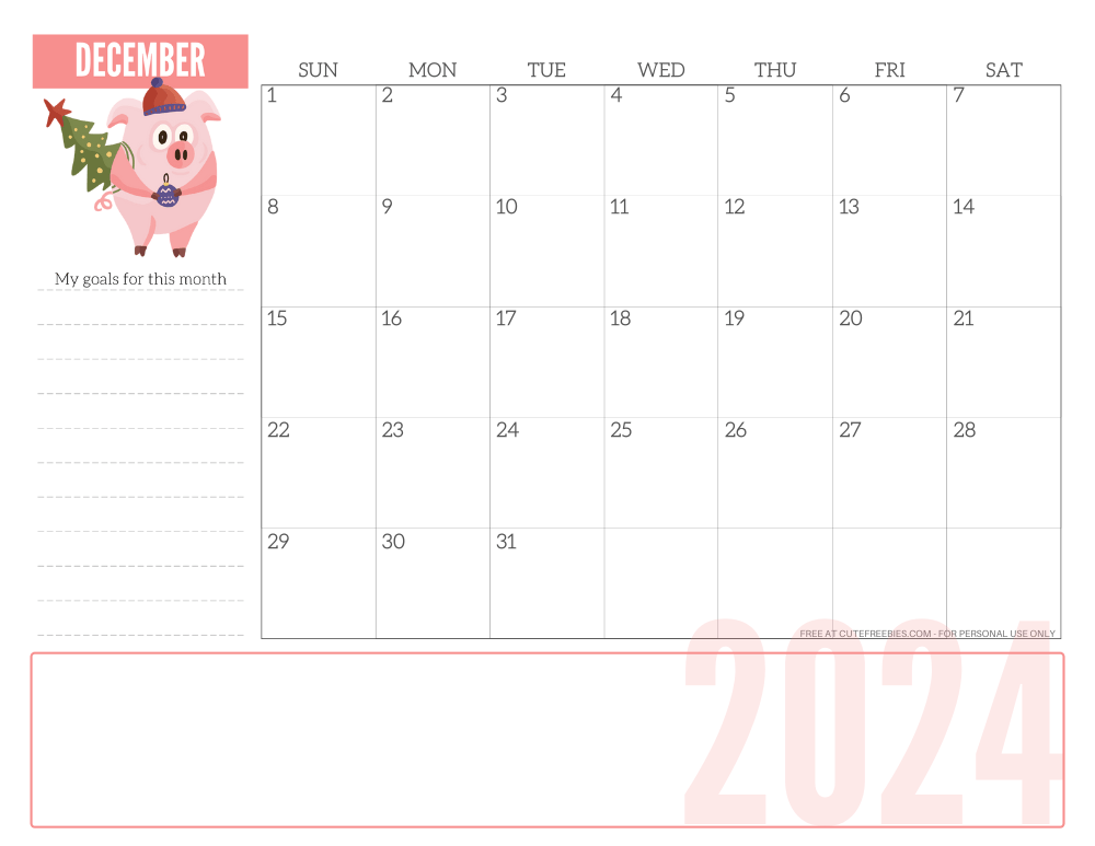 DECEMBER 2024 CUTE monthly planner - free printable 2024 monthly calendar pink pig #printablesandinspirations #freeprintable SEE PREVIOUS POST TO DOWNLOAD THE COMPLETE 2024 CALENDAR