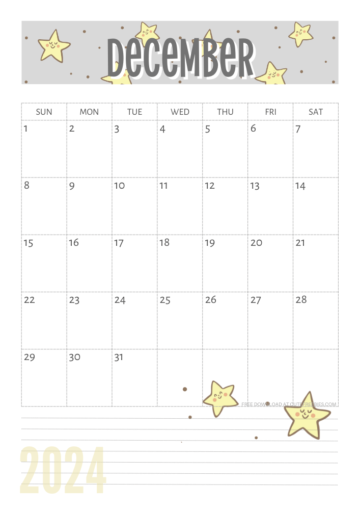 December 2024 Yellow stars calendar free printable - SEE PREVIOUS POST TO DOWNLOAD THE COMPLETE 2024 CALENDAR