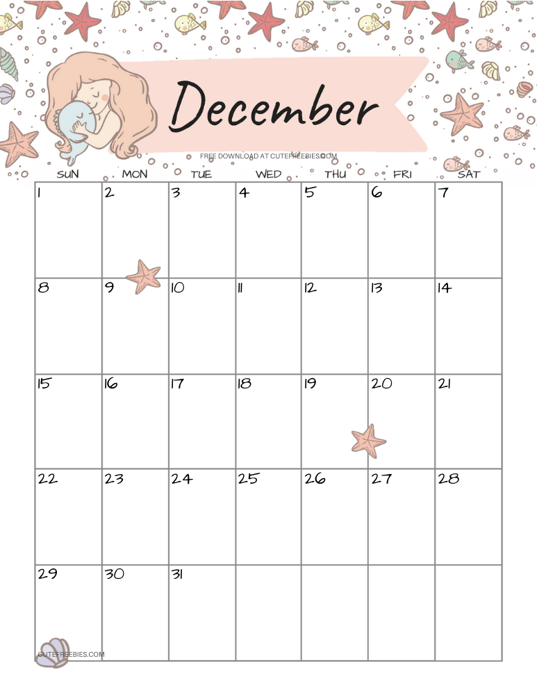 December 2024 monthly calendar with cute mermaid #cutefreebiesforyou #mermaid #freeprintable SEE PREVIOUS POST TO DOWNLOAD THE COMPLETE 2024 CALENDAR