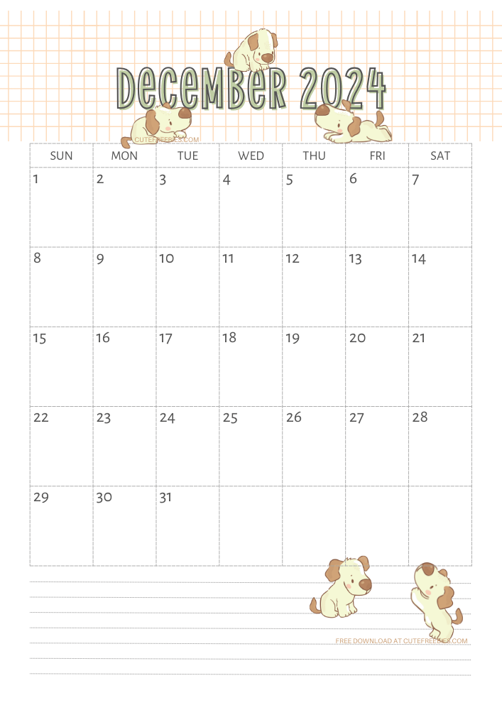 December 2024 calendar for kids cute dogs free printable #cutefreebiesforyou SEE PREVIOUS POST TO DOWNLOAD THE COMPLETE 2024 CALENDAR