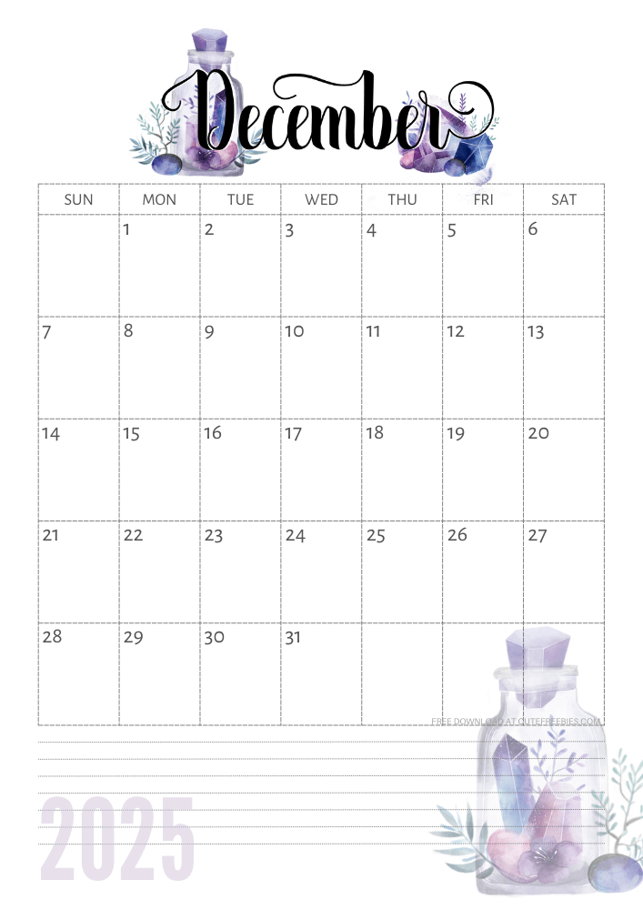December 2025 calendar - free printable monthly calendar with purple crystals (SEE PREVIOUS POST TO DOWNLOAD THE COMPLETE 2025 CALENDAR)