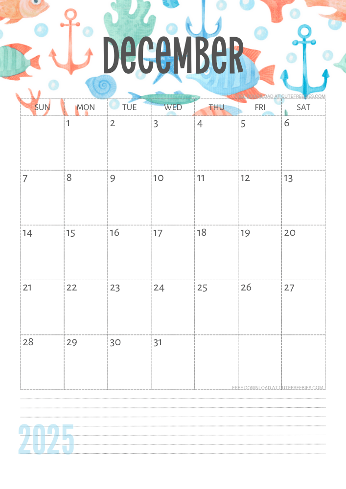 December 2025 Under the Sea themed calendar free printable - SEE PREVIOUS POST TO DOWNLOAD THE COMPLETE 2025 CALENDAR