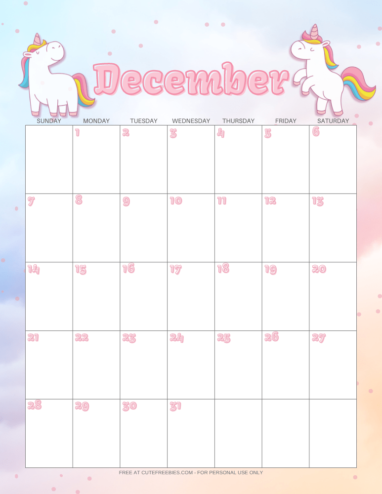 December 2025 calendar with unicorns #unicorn #freeprintable #cutefreebiesforyou #2025