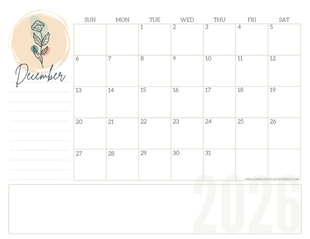 December 2026 minimalist floral aesthetic calendar - simple floral line design #cutefreebiesforyou #freeprintable SEE PREVIOUS POST TO DOWNLOAD THE COMPLETE 2026 CALENDAR