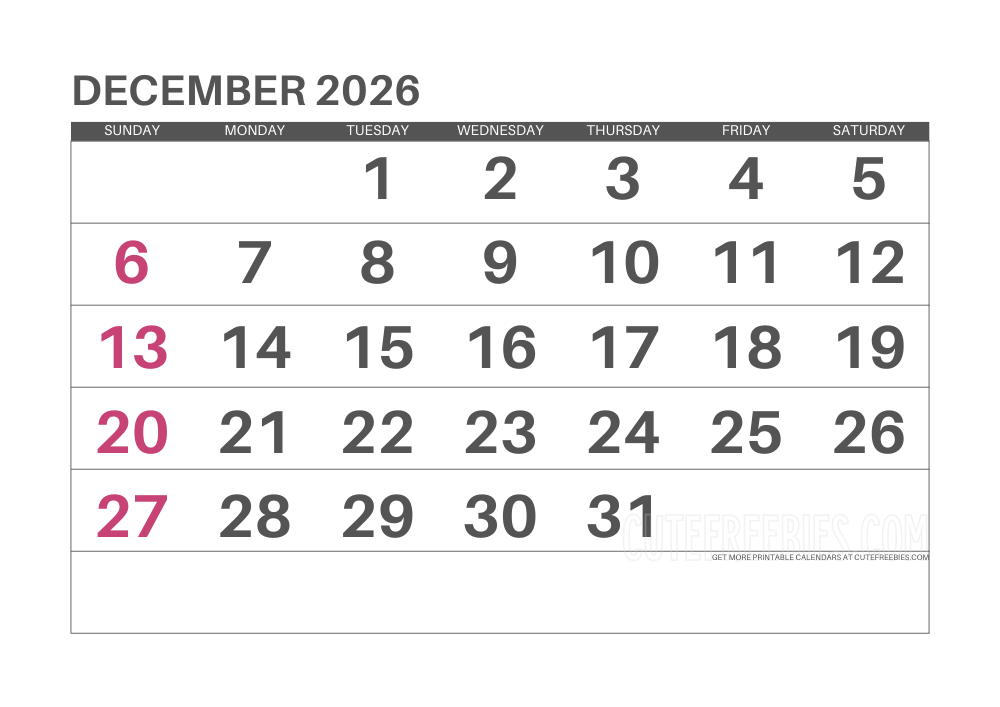 December 2026 monthly calendar #cutefreebiesforyou - SEE PREVIOUS POST TO DOWNLOAD THE COMPLETE 2026 CALENDAR