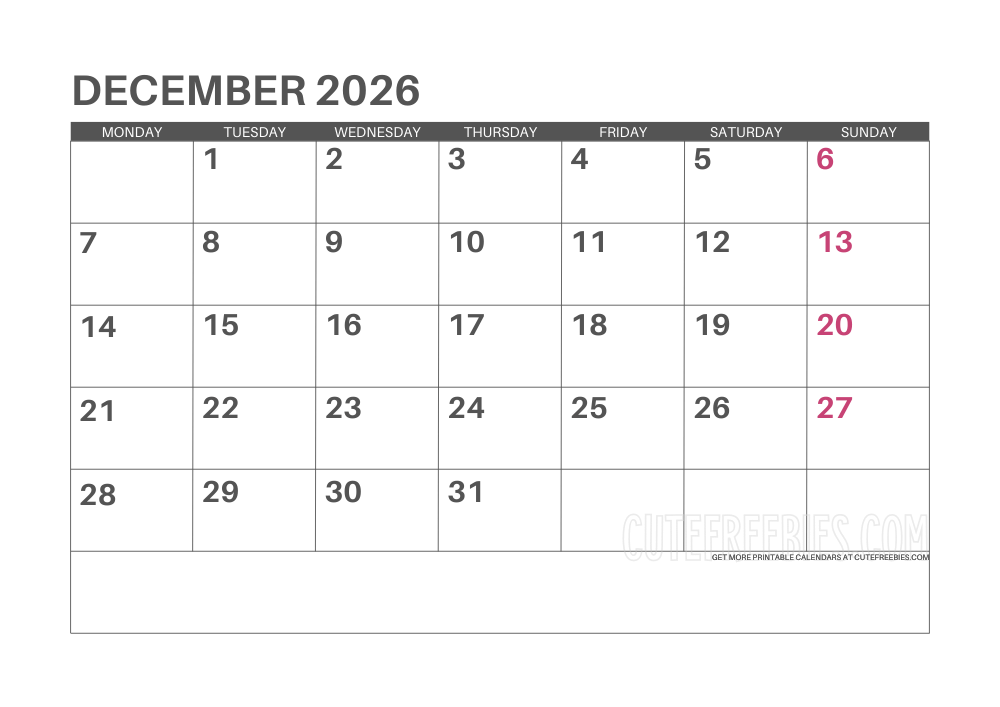 December 2026 Monday calendar free printable monthly planner #cutefreebiesforyou - SEE PREVIOUS POST TO DOWNLOAD THE COMPLETE 2026 CALENDAR PLANNER
