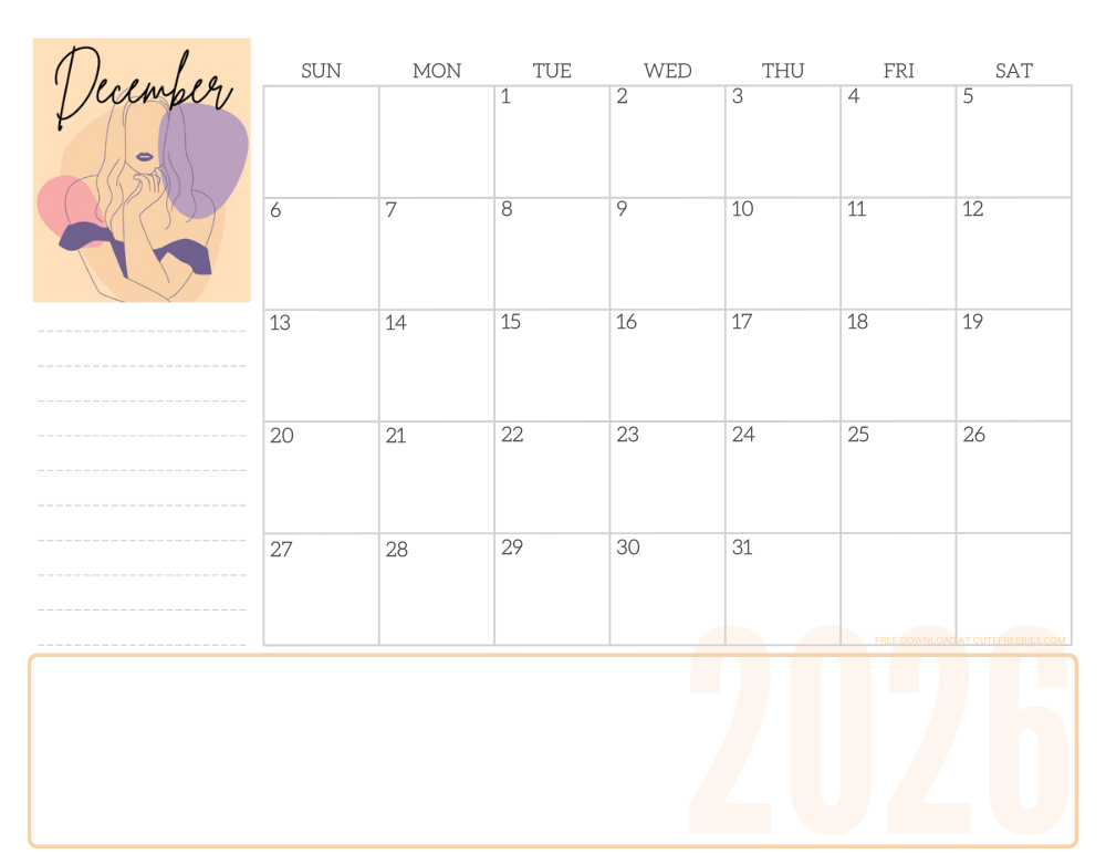 December 2026 line art calendar for women - free printable monthly planner - CLICK PREVIOUS POST TO DOWNLOAD THE COMPLETE 2026 CALENDAR