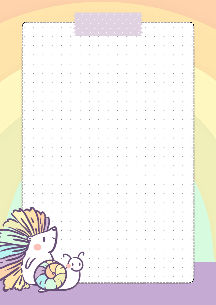 Free printable dot grid journal PDF template with rainbow theme and colorful animals