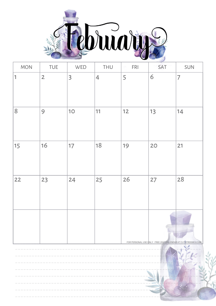 February 2021 calendar - free printable monthly calendar with purple crystals (SEE PREVIOUS POST DO DOWNLOAD THE PDF)