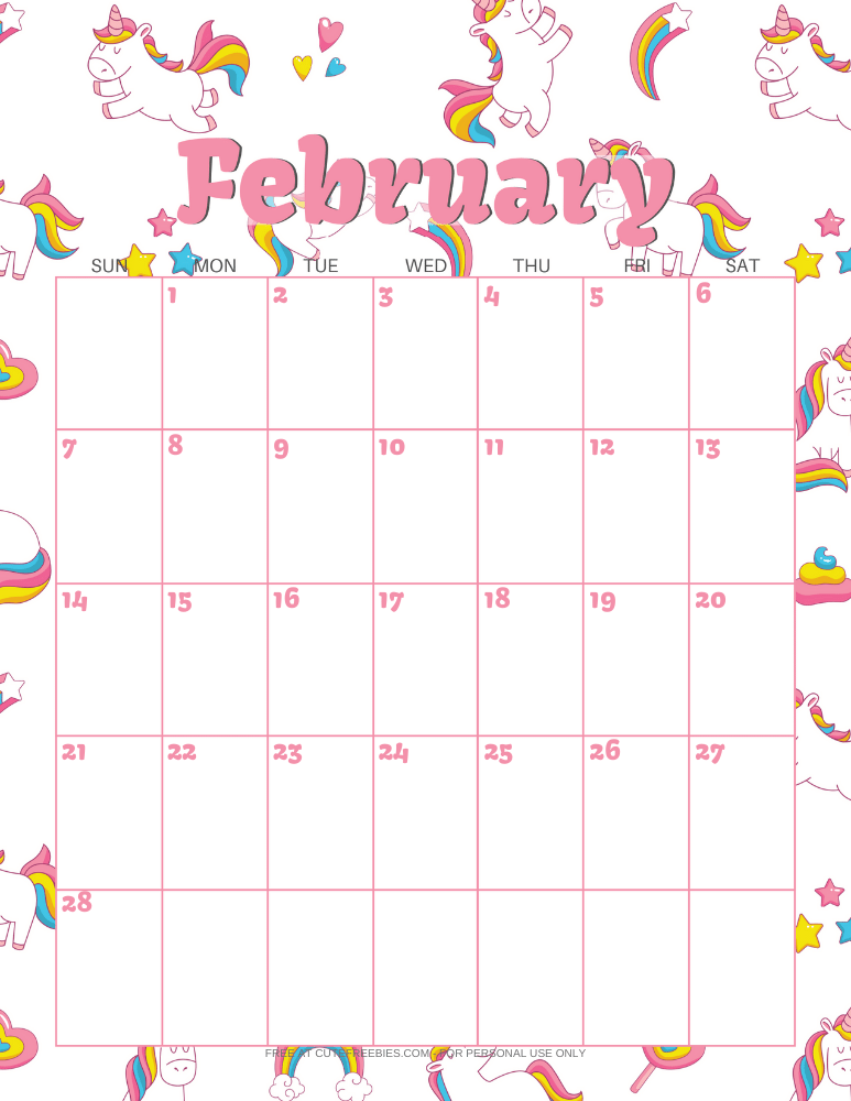 February 2021 calendar with unicorns #unicorn #freeprintable #cutefreebiesforyou