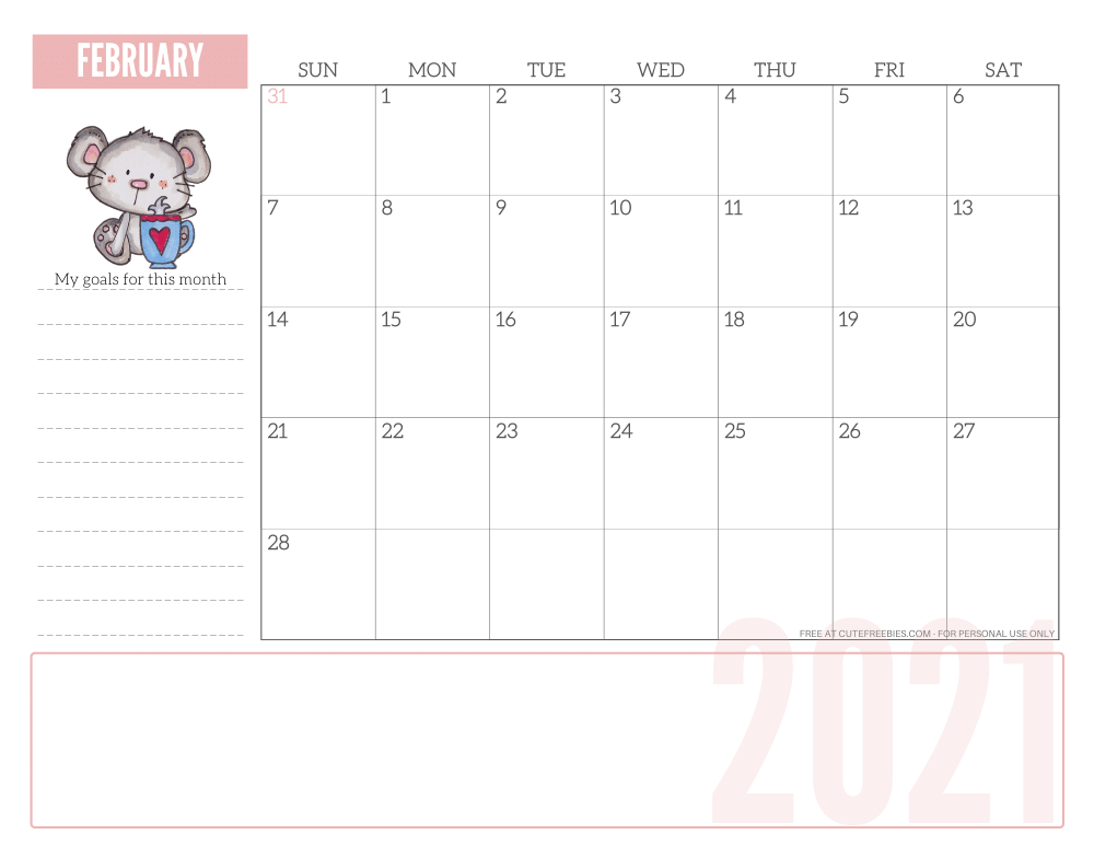 FEBRUARY 2021 CUTE calendar planner - free printable 2021 monthly calendar #printablesandinspirations #freeprintable SEE PREVIOUS POST TO DOWNLOAD THE PDF
