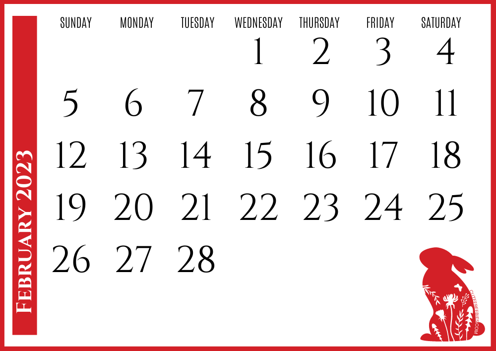 February 2023 Year of the rabbit calendar - Free printable Chinese New Year monthly calendar #cutefreebiesforyou - SEE PREVIOUS POST TO DOWNLOAD THE COMPLETE 2023 CALENDAR