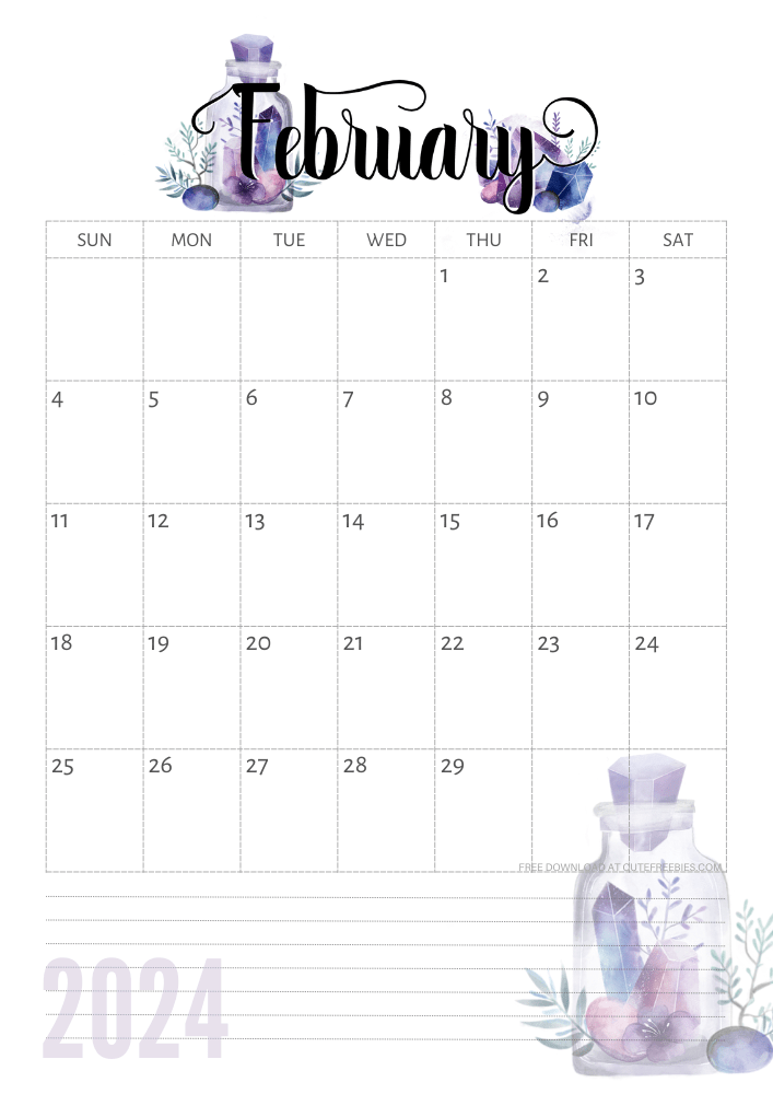 February 2024 calendar - free printable monthly calendar with purple crystals (SEE PREVIOUS POST TO DOWNLOAD THE COMPLETE 2024 CALENDAR)