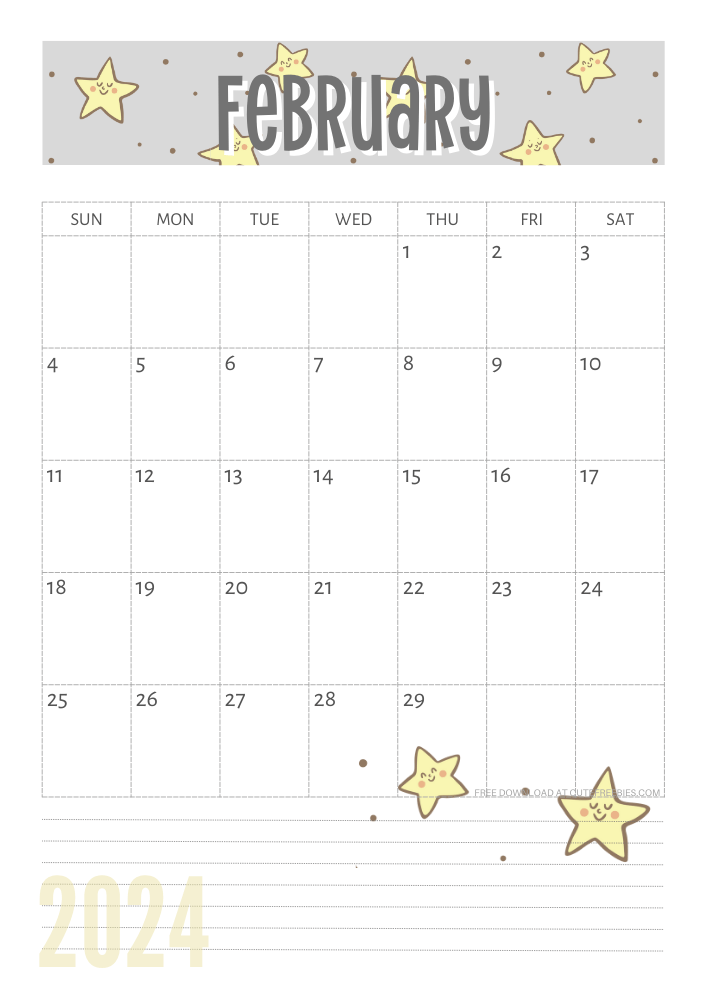 February 2024 Yellow stars calendar free printable - SEE PREVIOUS POST TO DOWNLOAD THE COMPLETE 2024 CALENDAR