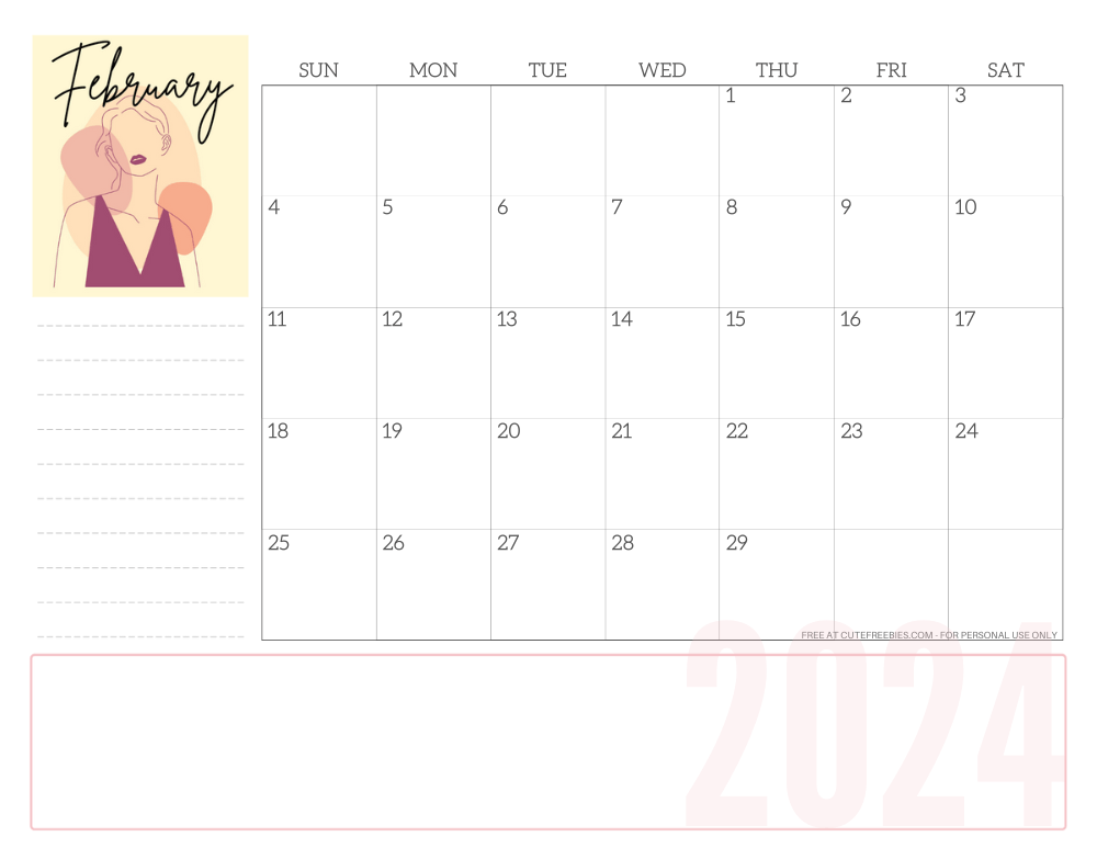 FEBRUARY 2024 line art calendar for women - free printable monthly planner - CLICK PREVIOUS POST TO DOWNLOAD THE COMPLETE 2024 CALENDAR