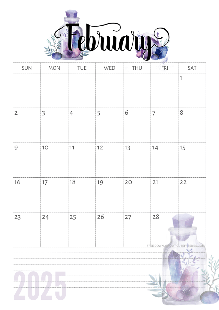 February 2025 calendar - free printable monthly calendar with purple crystals (SEE PREVIOUS POST TO DOWNLOAD THE COMPLETE 2025 CALENDAR)