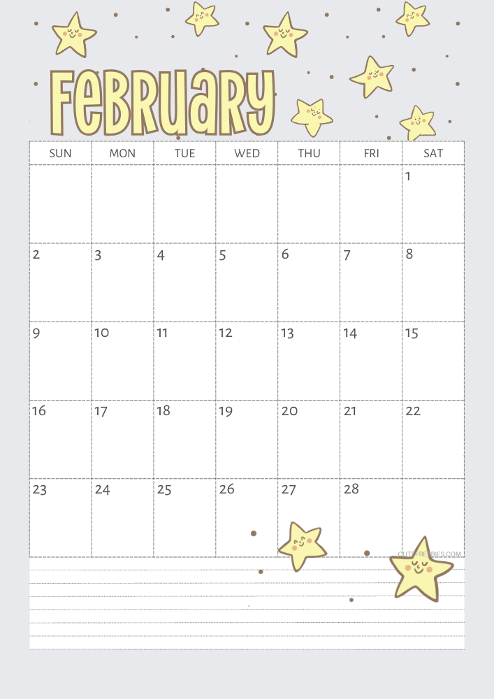 February 2025 Yellow stars calendar free printable - SEE PREVIOUS POST TO DOWNLOAD THE COMPLETE 2025 CALENDAR