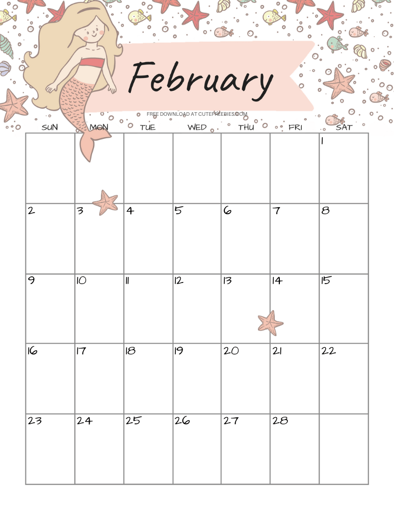 February 2025 monthly calendar with cute mermaid #cutefreebiesforyou #mermaid #freeprintable SEE PREVIOUS POST TO DOWNLOAD THE COMPLETE 2025 CALENDAR